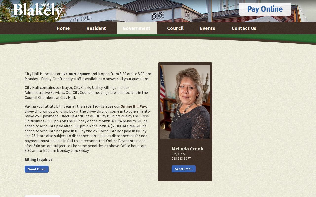 Blakely City Hall civic page used to distinguish city routing from Early County warrant status