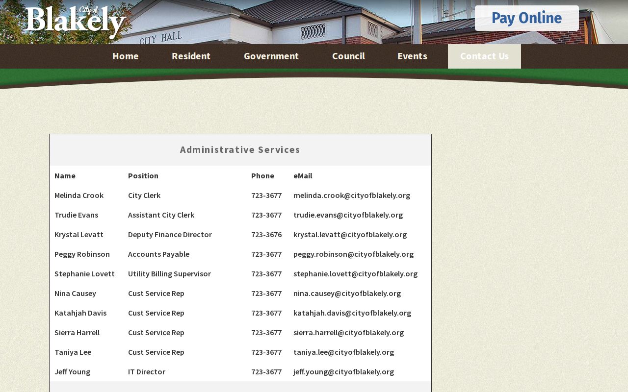 Blakely staff directory with police and Municipal Court contacts for Early County warrant questions