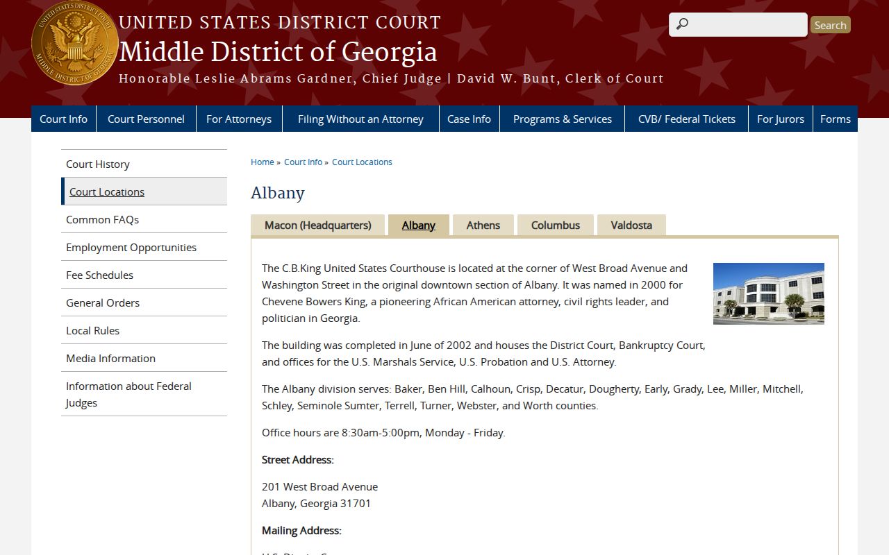 Albany federal courthouse page for the division that includes Early County