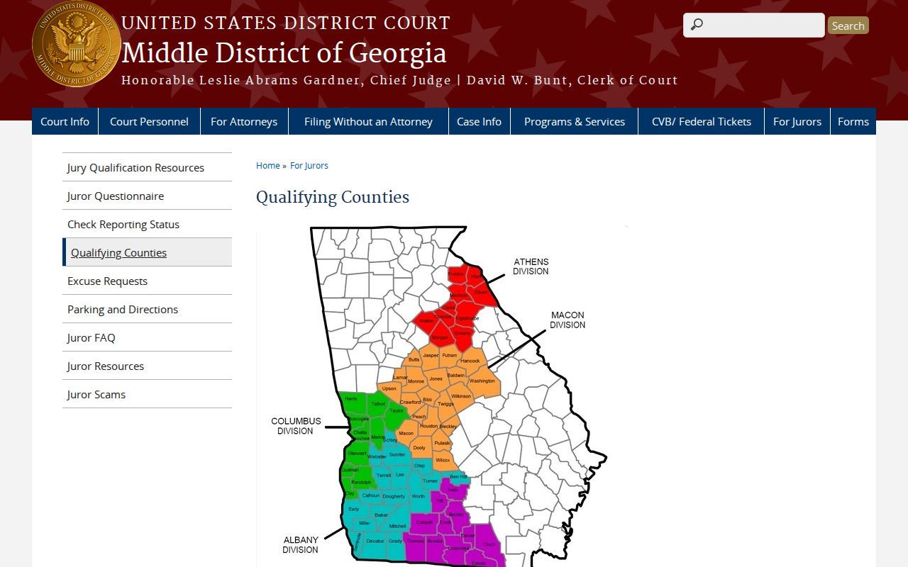 Middle District of Georgia page listing Early County in the Albany Division